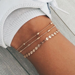 Bohemia Alloy Multi-layers Gold Silver Beads Sequins 3 Pieces Set Bracelet For Women Jewelry Foot Chain Anklets Accessories Gift